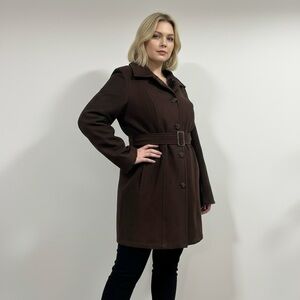 Women's Suede Brown Belted Coat‎ Warm Faux Fur Inner Lining Button Down size XL